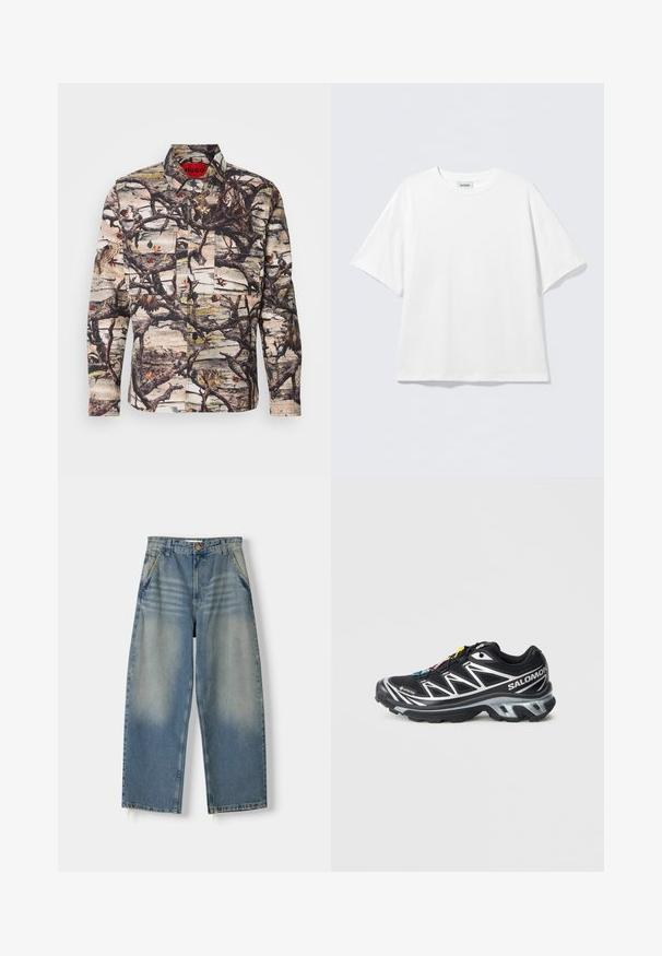 Camicia a maniche lunghe con un motivo camouflage che presenta rami, foglie e uccelli. Realizzata in tessuto stampato con bottoni e due tasche frontali.; T-shirt bianca a maniche corte in cotone con scollo rotondo e vestibilità rilassata. Nessun motivo o dettaglio visibile. Design semplice.; Jeans a gamba larga in denim blu chiaro con finitura sbiadita, design a cinque tasche e orlo grezzo. Presenta una chiusura anteriore con bottone e zip.; Scarpa da corsa nera con accenti argento, materiale GORE-TEX, suola testurizzata e lacci colorati. Presenta un tallone imbottito per supporto.