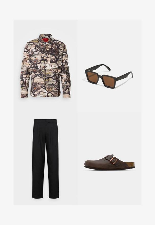 Long-sleeve shirt featuring a camouflage pattern with branches, leaves, and birds. Made of patterned fabric with buttons and two front pockets.; White short-sleeve t-shirt made of cotton with a round neckline and relaxed fit. No visible patterns or accents. Simple design.; Black trousers made of smooth fabric, featuring a straight-leg design, two front pleats, and standard waistband with belt loops.; Brown leather clog with a wide strap and a copper buckle, featuring a textured cork footbed and a thick black rubber sole.; Black square sunglasses with brown lenses, featuring a matte finish and gold accents on the frame. The design is angular with wide arms.
