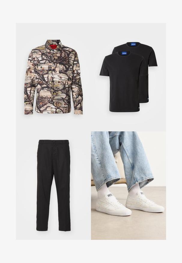 Košile s dlouhým rukávem s kamuflážním vzorem zahrnujícím větve, listy a ptáky. Vyrobena z vzorované látky, má knoflíky a dvě přední kapsy.; Dvě černé bavlněné trička s kulatými výstřihy, krátkými rukávy a modrými štítky "HUGO" na límci a bočních lemech.; Černé bavlněné chinos s rovnými nohavicemi, zapínáním na knoflík a bočními kapsami. Hladká textura a žádné viditelné vzory či akcenty.; Bílé tenisky vyrobené z texturovaných materiálů s prošívanými akcenty, s šněrovacím designem a logem na jazyku, nošené s džínovými kalhotami.