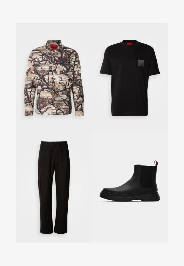 Ilga rankovė marškiniai su kamufliažo raštu, kuriame yra šakų, lapų ir paukščių. Pagaminta iš raštuoto audinio, su mygtukais ir dviem priekinių kišenių.; Juodas medvilnės marškinėliai su apvalia iškirpte, su tekstūruotu juodu uždėklu su logotipu kairėje krūtinės pusėje. Trumpomis rankovėmis ir laisvu fasonu.; Juodos krovinių kelnės, pagamintos iš medvilnės, laisvo kirpimo, su šoninėmis kišenėmis, mygtuko uždarymu ir tiesiomis kojomis. Paprastas dizainas, be raštų.; Juodas kulkšninis batas su lygiu paviršiumi, elastiniais šonų intarpais ir kontrastingu raudonu kilimėliu, turintis storą guminį pado ir apvalią nosį.