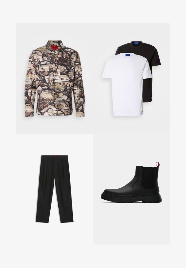 Long-sleeve shirt featuring a camouflage pattern with branches, leaves, and birds. Made of patterned fabric with buttons and two front pockets.; Two T-shirts stacked: one white and one black. Short sleeves, round necklines, cotton fabric. Features a small blue logo at the neckline.; Black trousers with a pleated design, wide leg shape, and a smooth texture. Features a red waistband tag.; Black ankle boot with a smooth finish, elastic side panels, and a contrasting red pull tab, featuring a thick rubber sole and rounded toe.