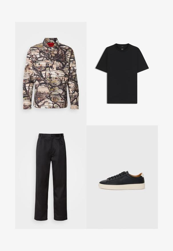 Langærmet skjorte med camouflage mønster, der inkluderer grene, blade og fugle. Lavet af mønstret stof med knapper og to forlommer.; Sort kortærmet T-shirt lavet af en glat bomuldsblanding, med en rund halsudskæring og et minimalistisk design uden mønstre eller accenter.; Sorte bukser lavet af glat stof, med frontknaplukning, pressefolder og lige ben. Ingen synlige mønstre eller accenter.; Sorte lædersneakers med en glat overflade, beige gummisål, snørebåndsdesign og en kontrastfarvet hæl.