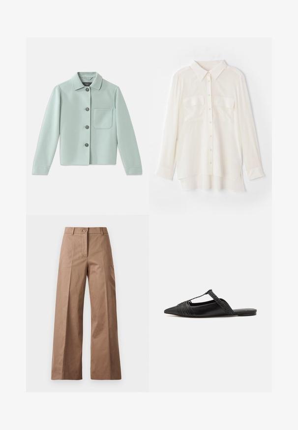 Light mint green jacket made of soft fabric. Features a collared neckline, five dark buttons, and a single chest pocket.; White button-up shirt made of lightweight fabric. Features a classic collar, two chest pockets, and a slightly longer back hem.; Brown wide-leg trousers made from a smooth fabric, featuring a front button closure, two front pockets, and clean, tailored lines.; Black leather slingback shoe with a pointed toe, featuring a woven accent and pleated upper design. Flat sole with minimal hardware.