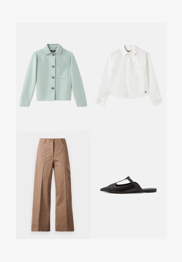 Šviesiai mėtinės žalios spalvos striukė, pagaminta iš minkštos medžiagos. Turi apykaklę, penkis tamsius mygtukus ir vieną krūtinės kišenę.; Baltas trumpas ilgos rankovės marškinėliai, pagaminti iš medvilnės. Turintys sagų priekį, krūtinės kišenę ir mažą juodą logotipą apačioje kairėje pusėje.; Rudos plačios kojų kelnės, pagamintos iš lygios medžiagos, su priekiniais mygtukais, dviem priekinėmis kišenėmis ir švariomis, pritaikytomis linijomis.; Juodos odinės slingback bateliai su smailiu pirštu, turintys audinį akcentą ir raukšlėtą viršutinį dizainą. Lygus padas su minimaliais aksesuarais.