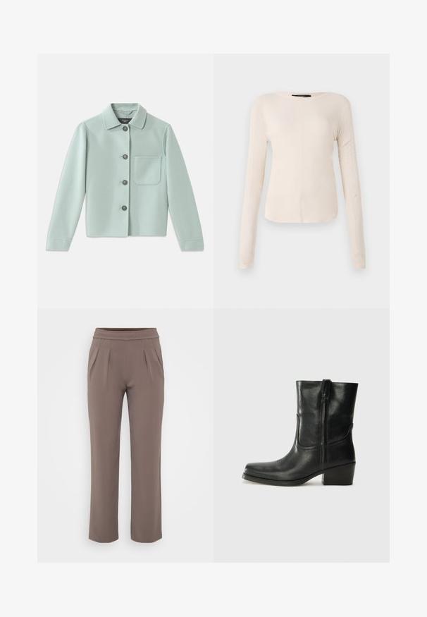 Giacca verde menta chiaro realizzata in tessuto morbido. Presenta un colletto, cinque bottoni scuri e una singola tasca sul petto.; Maglietta a maniche lunghe di colore beige chiaro con scollatura rotonda. Realizzata in tessuto morbido, presenta una cucitura centrale e un orlo leggermente curvato. Senza hardware visibile.; Pantaloni taupe a vestibilità ampia con elastico in vita e pieghe frontali, realizzati in tessuto morbido.; Stivale ankle in pelle nera con punta arrotondata, tacco a blocco, cerniera laterale e dettagli in cucitura sulla tomaia. Texture liscia, design classico.