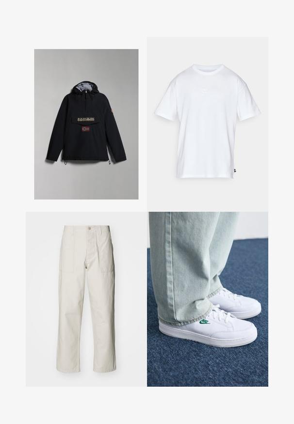 Black hooded anorak jacket with gray lining, front pocket, logo print, and a Norwegian flag patch at the chest. Adjustable hem drawstrings.; White cotton t-shirt with short sleeves and a round neck. Features a small, subtle Nike logo on the chest and a side label.; Light beige wide-leg pants made of cotton. Features front pockets and a button closure. Smooth texture with subtle vertical lines.; White leather sneakers with green Nike logo, round toe, flat sole, paired with light blue denim pants, shown on a blue carpet.