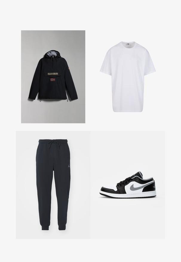 Črna kapuca anorak jakna s sivo podlogo, sprednji žep, natisnjen logotip in obliž norveške zastave na prsih. Nastavljive vrvice za obrobo.; Bela bombažna majica s kratkimi rokavi, okroglim izrezom, sproščenim krojem in brez vidnih logotipov ali vzorcev. Gladka tekstura in minimalen dizajn.; Črne trenirke iz mehkega materiala, z elastičnim pasom in vrvico, naborki na robovih in manjšim logotipom na levi stegn.; Jordan AIR JORDAN 1 LOW - Športni copati - black/particle grey-white