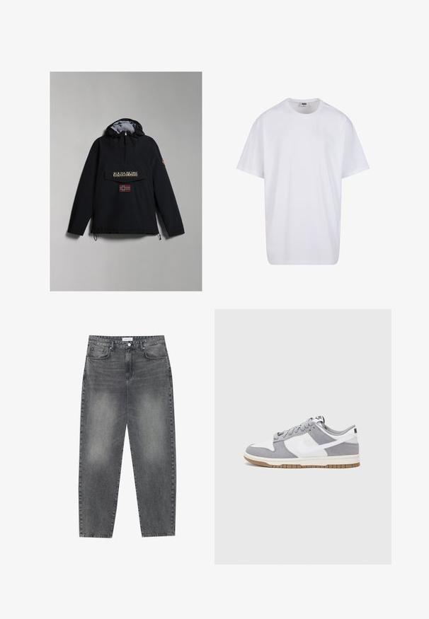 Sort hætteanorak med grå foring, brystlomme, logo print og et norsk flag-patch på brystet. Justerbare snoretræk i nederkant.; Hvid bomulds t-shirt med korte ærmer, rund halsudskæring, afslappet pasform, og ingen synlige logoer eller mønstre. Glat tekstur og minimalistisk design.; Høj talje, løstsiddende jeans i falmet sort denim. Har fem lommer, bæltestropper og et rent, lige ben design.; Grå og hvid sneaker med en overdel i ruskind og læder, rund tå, flade snørebånd og en gummisål med en gummifarvet detalje.