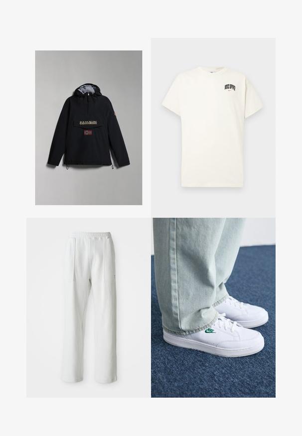 Black hooded anorak jacket with gray lining, front pocket, logo print, and a Norwegian flag patch at the chest. Adjustable hem drawstrings.; Cream-colored cotton t-shirt with short sleeves, featuring "NIKE SB" in black and red text on the chest. Standard round neckline.; White casual pants with an elastic waistband and large front patch pockets, displayed on a plain light background.; White leather sneakers with green Nike logo, round toe, flat sole, paired with light blue denim pants, shown on a blue carpet.