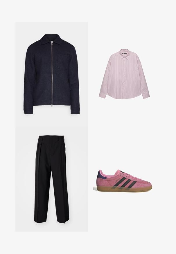 Dunkelblaues Jackett aus strukturiertem Stoff mit einem Frontreißverschluss, Kragen und einer linken Brusttasche. Lange Ärmel mit Manschetten.; Helles rosa Button-down-Hemd mit vertikalen blauen Streifen, Kragen, langen Ärmeln und lockerer Passform. Aus glattem Stoff mit leichtem Glanz gefertigt.; Schwarze, plissierte Hose mit geradem, weitem Bein. Hergestellt aus glattem Stoff, mit Knopfverschluss und Gürtelschlaufen.; Rosa Wildleder-Sneaker mit schwarzen Streifen, Gummisohle und strukturiertem lila Fersenbereich. Verfügt über ein Schnürdesign und geprägte Markenkennzeichnung an der Seite.