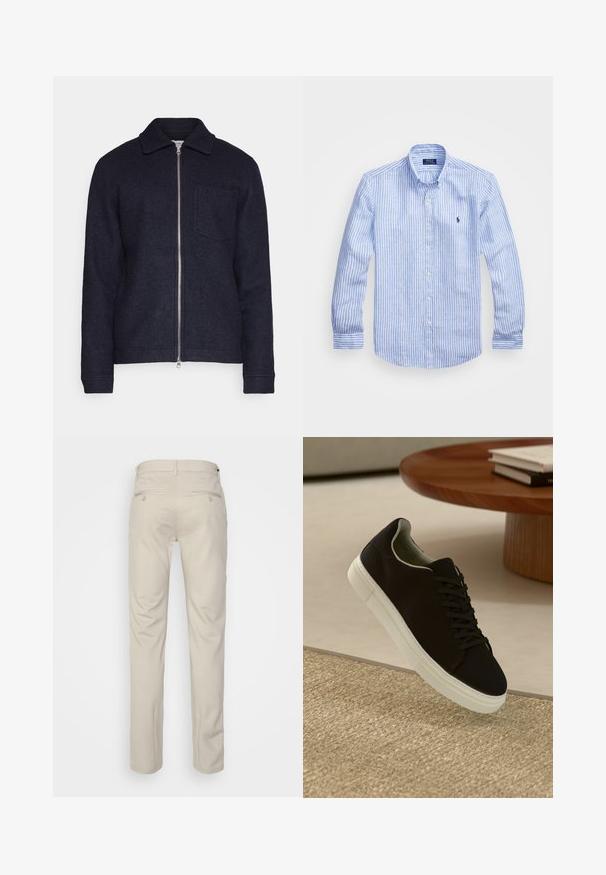Tamno plava jakna od teksturirane tkanine, koja ima prednji zatvarač, ovratnik i džep na lijevoj strani prsnog dijela. Dugi rukavi s manžetama.; Plava i bijela prugasta košulja dugih rukava od pamuka, s ovratnikom na dugmad, prednjim dugmadi i malim izvezenim logom na prsima.; Bež hlače s glatkom teksturom, ravnog kroja, dva stražnja džepa s gumbima i standardnim pojasom.; Crna tenisica s bijelim potplatom koja lebdi iznad bež teksturiranog tepiha pored okruglog drvenog stola sa složenim knjigama.