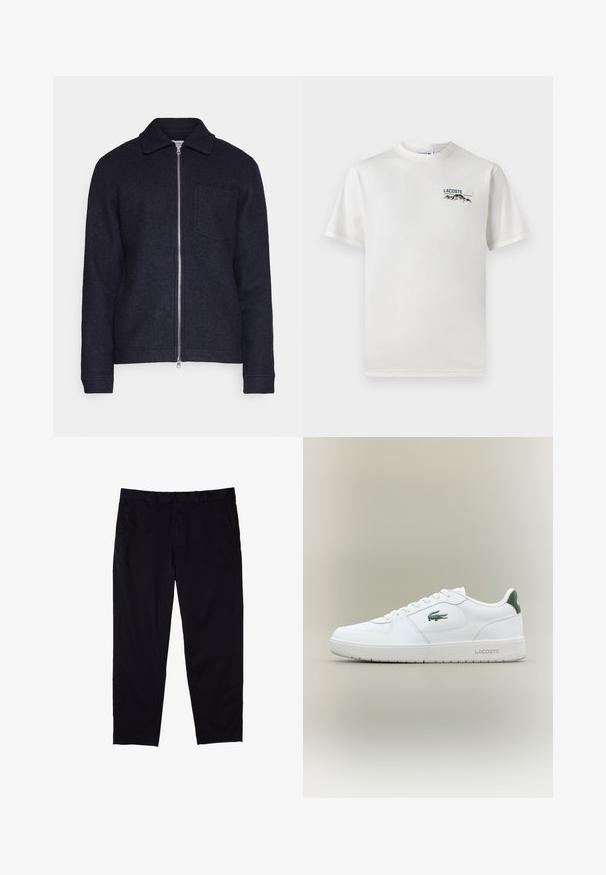 Chaqueta azul marino oscuro hecha de tela texturizada, con cierre frontal de cremallera, cuello y bolsillo en el pecho izquierdo. Mangas largas con puños.; Camiseta de algodón blanca con cuello redondo, mangas cortas y un pequeño logotipo bordado que presenta montañas y texto en el lado izquierdo del pecho.; Pantalones negros de algodón con diseño de pierna recta, que cuentan con cierre de botón, bolsillos laterales y una textura suave.; Zapatilla de cuero blanca con un acabado suave, acentos verdes en el talón y un logotipo verde en el lateral. Presenta una suela plana y una puntera redonda.