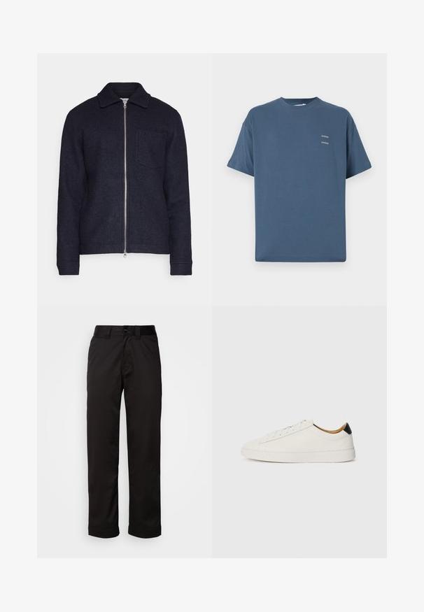 Chaqueta azul marino oscuro hecha de tela texturizada, con cierre frontal de cremallera, cuello y bolsillo en el pecho izquierdo. Mangas largas con puños.; Camiseta de algodón azul con cuello redondo clásico, mangas cortas, corte relajado y dos pequeños logotipos impresos en el pecho. Textura suave.; Pantalones negros de tela suave, con cremallera, cierre de botón y puños enrollados para un diseño casual.; Zapatilla blanca con parte superior de cuero suave, punta redonda y suela plana. Acento negro en el talón, con cordones tonales y un branding minimalista.