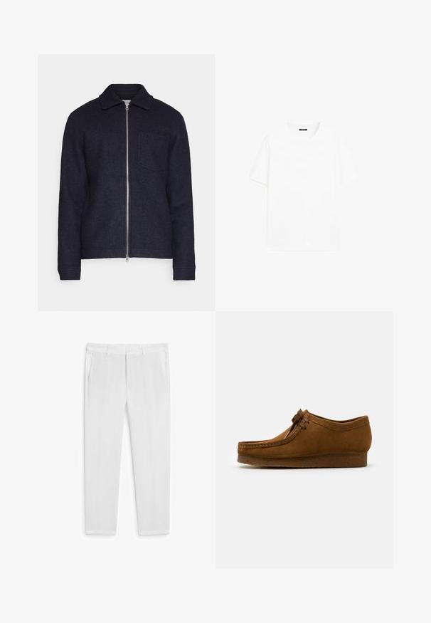 Dark navy jacket made of textured fabric, featuring a front zip closure, collar, and left chest pocket. Long sleeves with cuffs.; White cotton t-shirt with short sleeves, round neckline, and a straight cut. Smooth texture with no visible patterns or accents.; White linen trousers with a straight cut, featuring two front pockets and a button closure. Smooth texture, no visible patterns or accents.; Brown suede shoe featuring a round toe and low heel, detailed stitching along the seams, and a lace-up front. Soft texture with streamlined design.