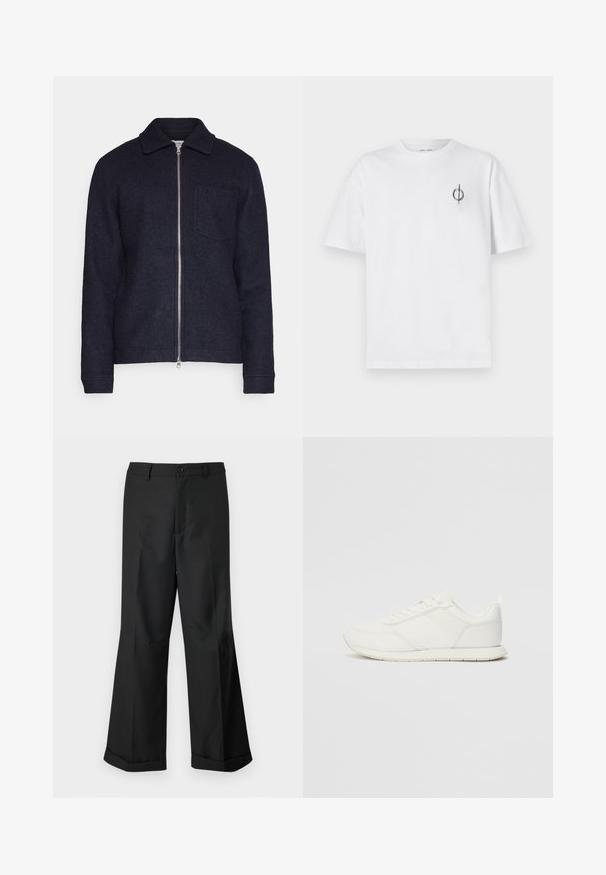 Tamsiai mėlynas švarkas, pagamintas iš tekstūruoto audinio, su priekyje užtraukiama užtrauktuku, apykakle ir kairiuoju krūtiniu kišeniu. Ilgos rankovės su rankogaliais.; Balta medvilninė marškinė su laisvu siluetu, su mažą juodą grafiką logotipą kairėje krūtinės pusėje. Trumpomis rankovėmis, apvaliu kaklu.; Juodos plačios kelnės su mygtukų juosmeniu ir raukšlėmis, eksponuojamos prieš paprastą baltą foną.; Balti sportbačiai su tinkline ir sintetine viršutine dalimi, apvaliu nosiu, plokščiomis raištelėmis ir tekstūruota šonine juosta. Guma, kurios padas su vilkimo kilpute gale.