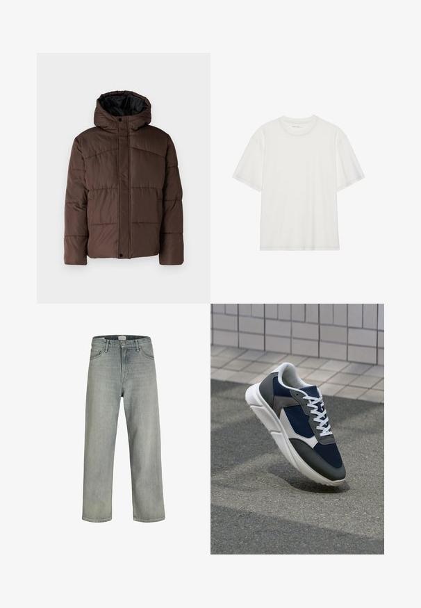 Bruine gewatteerde jas met capuchon, met een doorstikte structuur, voorzijde met drukknoopsluiting en zijzakken. Voering van zwarte stof.; Witte katoenen t-shirt met korte mouwen, ronde hals en contrasterende stiksel details rond de halslijn en mouwen.; Lichtgrijze, loszittende spijkerbroeken van denim. Beschikt over een klassiek vijf-pocket ontwerp, riemlussen en een rechte pijp silhoët.; Sneaker met een marineblauwe mesh bovenwerk, grijze suède accenten, witte rubberen zool en platte witte veters, ontworpen voor comfort en ademend vermogen.