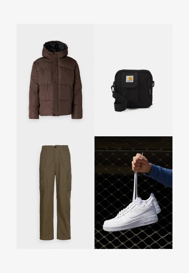 Brown padded jacket with a hood, featuring quilted texture, front snap closure, and side pockets. Lined with black fabric.; White short-sleeve t-shirt made of cotton, featuring a crew neckline and a smooth texture, with a straight cut and no patterns.; Cargo pants in olive green, made of durable fabric. Features two side pockets, a standard waist, and a straight-leg design.; White leather sneakers with perforations, round toe, flat sole, and thick laces, featuring a visible swoosh logo and "AIR" on the heel.; Black crossbody bag with a zippered main compartment, front pocket, adjustable strap, and a visible logo patch on the flap.