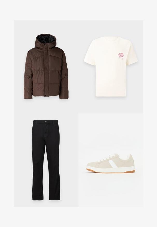 Giacca imbottita marrone con cappuccio, caratterizzata da una texture trapuntata, chiusura frontale con bottoni a pressione e tasche laterali. Foderata in tessuto nero.; T-shirt bianco a maniche corte con testo rosso "Studio Originals Edition" sul lato sinistro del petto, esposto su uno sfondo grigio neutro.; Pantaloni neri in cotone con design a gamba dritta, dotati di chiusura a bottone, tasche frontali e posteriori, e texture liscia.; Sneaker beige con accenti bianchi, texture in suede, forma tondeggiante, design con lacci e suola in gomma naturale a contrasto.