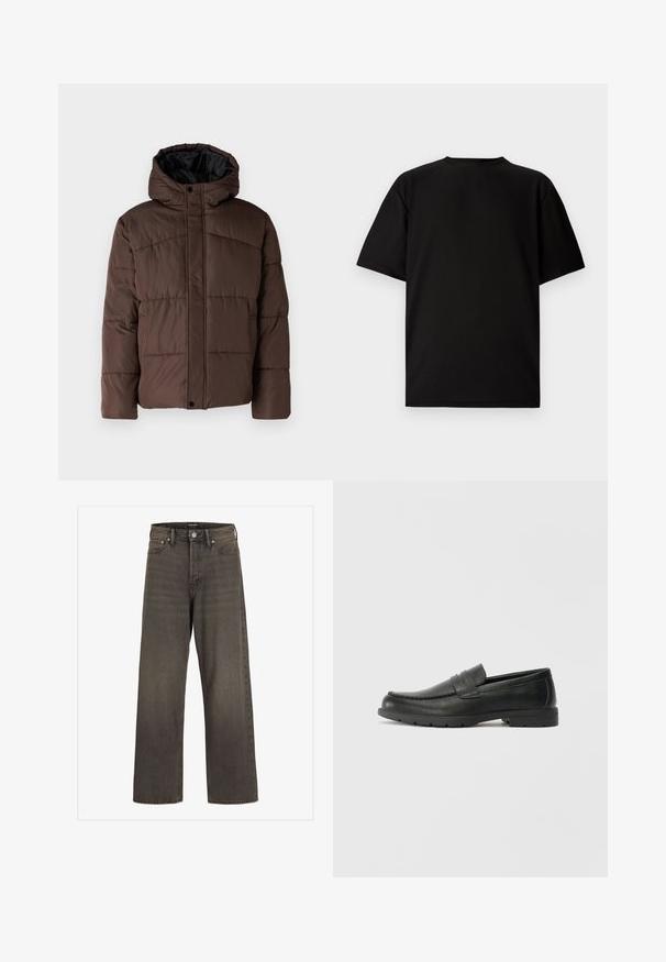 Braune gepolsterte Jacke mit Kapuze, mit gestepptem Muster, vorderem Druckknopfverschluss und seitlichen Taschen. Futter aus schwarzem Stoff.; Schwarzes kurzärmeliges T-Shirt aus geripptem Stoff. Mit rundem Halsausschnitt und lockerer Passform sowie glatter Textur. Nur Rückansicht.; Weite Jeans aus dunkelgrauem Denim mit hoher Taille, klassischem Fünf-Taschen-Design und kontrastierendem Stepp entlang der Nähte.; Schwarze Lederloafers mit glatter Oberfläche, Mokassin-oberteil, genähten Details und Gummisohle. Klassisches Design mit niedrigem Absatz.