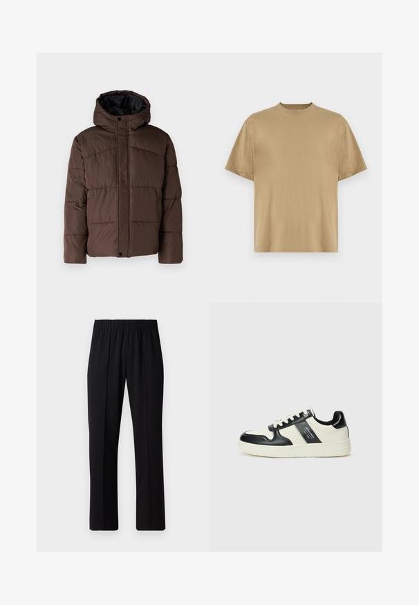 Brun polstret jakke med hette, med flettestruktur, frontlås med trykknapper og sidelommer. Fôret med svart stoff.; Khaki kortermet T-skjorte laget av mykt stoff, med rund hals og en avslappet passform. Ingen mønstre eller grafikk er synlige.; Svart, elastisk midjebukser med rett ben-design, med en glatt tekstur og uten synlige mønstre eller maskinvare.; Lædersneakers med sort og creme farveskema, der har perforerede detaljer, en polstret krave og en struktureret ydersål.