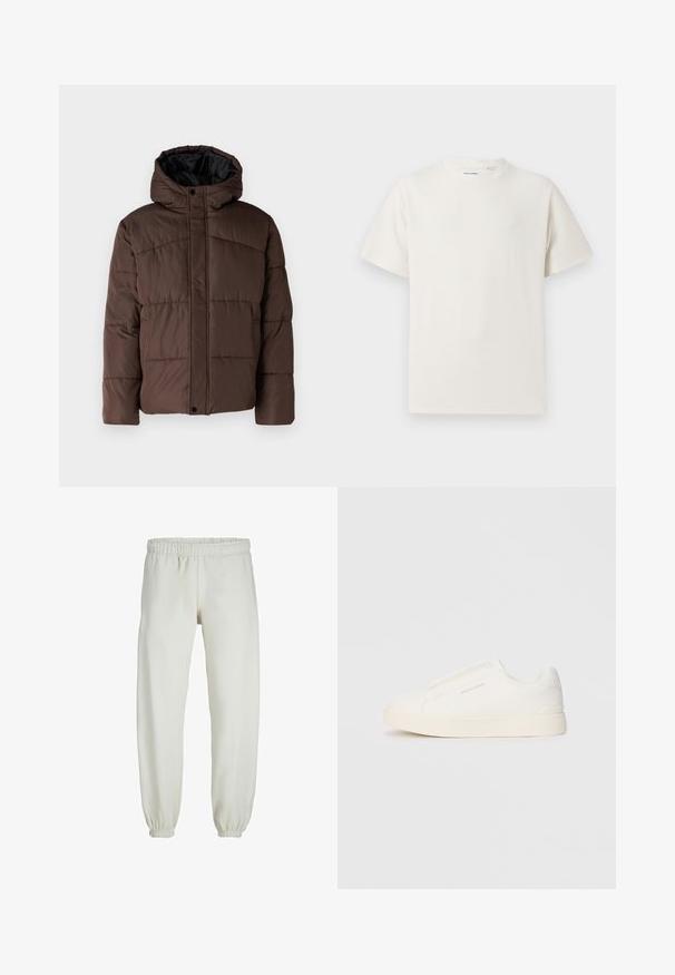 Giacca imbottita marrone con cappuccio, caratterizzata da una texture trapuntata, chiusura frontale con bottoni a pressione e tasche laterali. Foderata in tessuto nero.; T-shirt bianca a maniche corte in texture a coste. Girocollo, vestibilità rilassata, senza modelli o accenti visibili. Design semplice e versatile.; Pantaloni tuta bianchi realizzati in tessuto morbido, dotati di vita e polsini elastici, con una texture liscia e una vestibilità ampia.; Sneakers bianchi slip-on con superficie texturizzata, suola spessa e design minimalista. Presentano il logo del marchio sul lato.