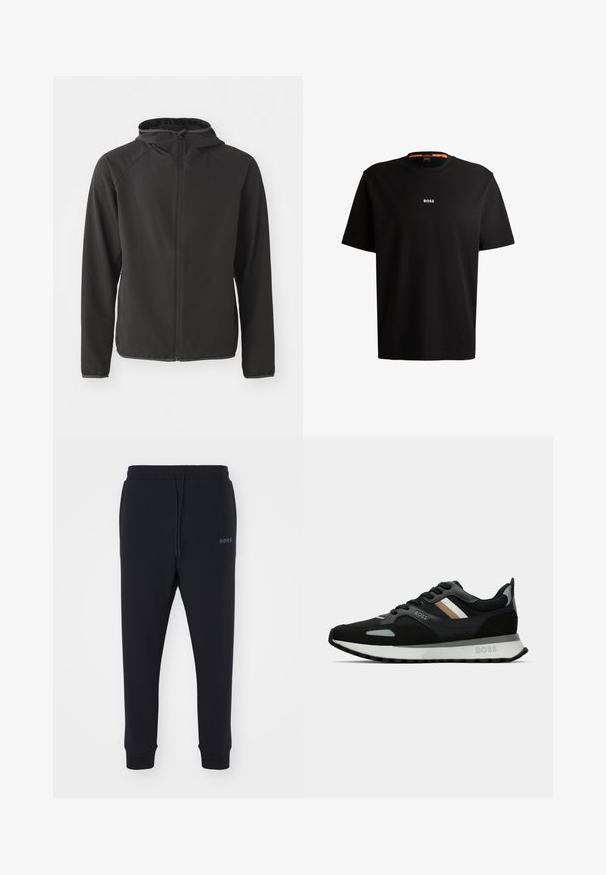 Casaco preto com capuz, feito de tecido suave, apresentando um fecho frontal, mangas raglan e um logo discreto no peito.; T-shirt preta em algodão com gola redonda, mangas curtas e logo branco "BOSS" centrado no peito. Textura suave, corte casual.; Calças de fato pretas feitas de material macio, com uma cintura elástica, cordão e pernas ajustadas. Apresenta um pequeno logotipo de lado.; Shoe de corrida preto com uma superfície texturizada, detalhes cinza claro e três riscas horizontais em castanho. Apresenta uma sola branca acolchoada.