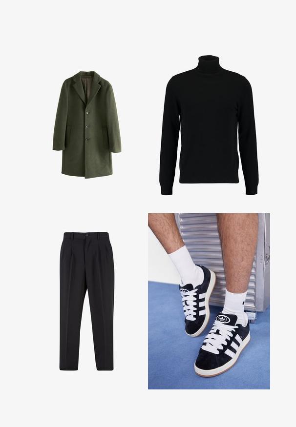Olajzöld gyapjú keverék kabát, kivágott gallérral, elülső zsebekkel és négy gombbal. Simító textúra és strukturált sziluett.; Fekete garbó pulóver puha kötött anyagból készült. Hosszú ujjaival, bordázott gallérral és szegéllyel rendelkezik. Egyszerű, letisztult dizájn, minták nélkül.; Fekete nadrág, pliszézett elejű dizájnnal, sima anyagból készült. Gombos záródás és övhurkok jellemzik; egyenes szabású.; Fekete velúr sportcipők fehér fűzőkkel és három fehér csíkkal. A nyelvén egy kör alakú fekete logó található, valamint egy gumis talp.