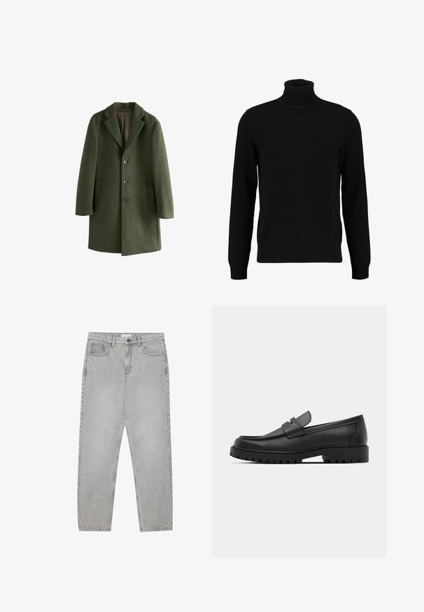 Alyvuogių žalios vilnos mišinys paltas su iškirptu apykakle, priekinėmis kišenėmis ir keturiais mygtukais. Lygi tekstūra ir struktūrizuota siluetas.; Juodas megztinis su aukštu kaklu, pagamintas iš minkštos mezgimo medžiagos. Turi ilgomis rankovėmis, raukšlėtą apykaklę ir apatinę dalį. Paprastas, elegantiškas dizainas be raštų.; Šviesiai pilki džinsai su tiesiu kirpimu, penkiais kišenėmis ir mygtuko uždarymu. Matoma siuvimo linija palei siūles.; Juodi odiniai loaferiai su apvalia nosimi, su siuvinėtu dizainu, žemu platformos padu ir tekstūruotu, sukibimo raštu padu.