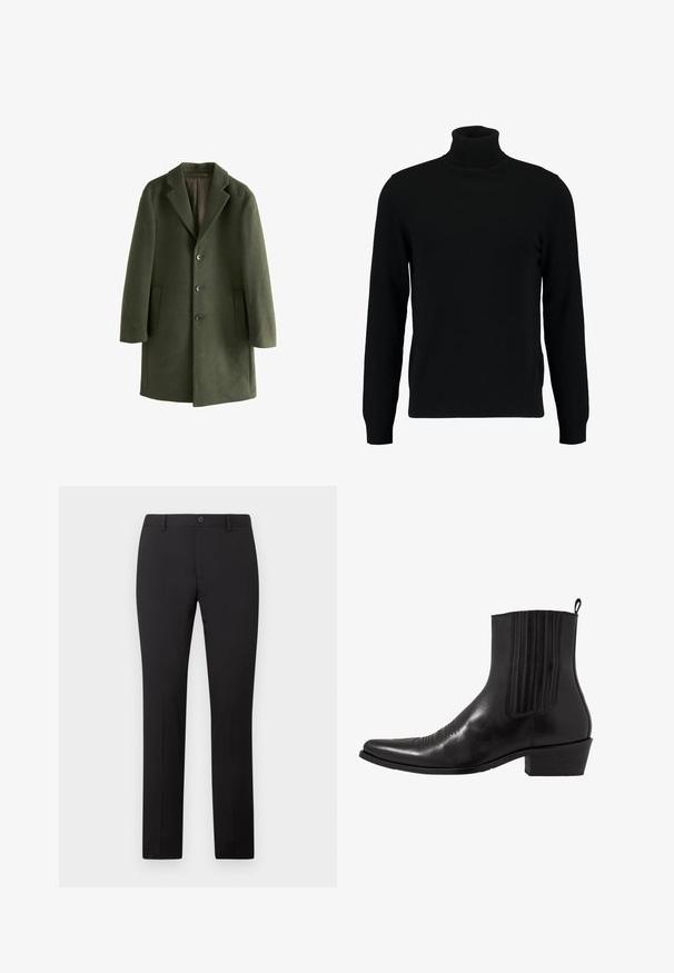Olivgrüner Wollmischungs-Mantel mit Reverskragen, Fronttaschen und vier Knöpfen. Glatte Textur und strukturierte Silhouette.; Schwarzer Rollkragenpullover aus weichem Strickmaterial. Mit langen Ärmeln, geripptem Kragen und Saum. Schlichtes, elegantes Design ohne Muster.; Schwarze, maßgeschneiderte Hose mit geradem Bein, ausgestattet mit Knopfverschluss und Gürtelschlaufen. Hergestellt aus glattem Stoff ohne sichtbare Muster.; Schwarze Leder- ankle boot mit spitzem Zehenbereich, elastischen Seitenpaneelen, vertikalen Steppnähten und einem niedrigen Blockabsatz.