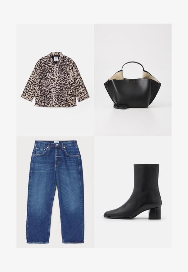 Leopárd mintás dzseki galléros nyakkal, hosszú ujjal és elöl gombokkal. Beigés és fekete árnyalatú struktúrált anyagból készült.; Fekete, hosszú ujjú felső, puha szövetből készült, kerek nyakkivágással és laza szabással, az alján oldalhasítékokkal a mozgás könnyítése érdekében.; Citizens of Humanity DAHLIA IN CLAREMONT - Laza szabású farmerek - dark-blue denim; Fekete bőr bokacsizma hegyes orral és vastag, négyzet alakú sarokkal. Simább felület, mondanivaló nélküli dizájn és minimalista varrás.; Ree Projects ANN TOTE MINI - Kézitáska - black