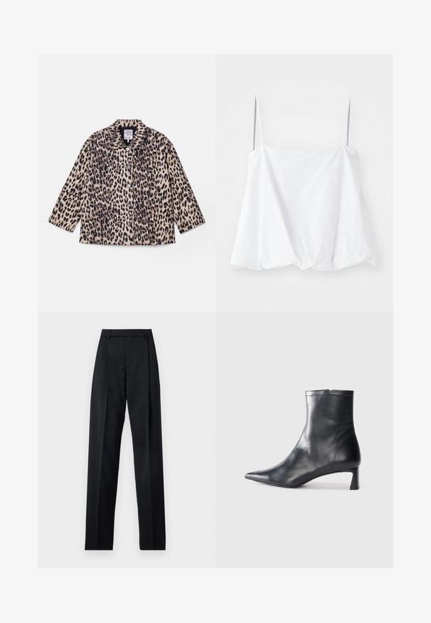 Leopardimustriga jakk kaeluse ning pikkade varrukatega, ees nupudega. Valmistatud tekstureeritud kangast beeži ja musta värvitoonis.; Valge õlavarrepealne topp õhukestest rihmadest, valmistatud kerge kangaga. Omab lõdva disaini ja kokku volditud tekstuuri ääres.; Mustad püksid siledast kangast, millel on kõrge vöökoht, laiad jalad, esimesed kortsud ja klassikalised vööloopid. Küljepockets pole nähtavad.; Mustad mustall nahkasaabas terava nina ja stiilse disainiga. Omab madalat konts ja luku sulgemist taga. Sile tekstuur.
