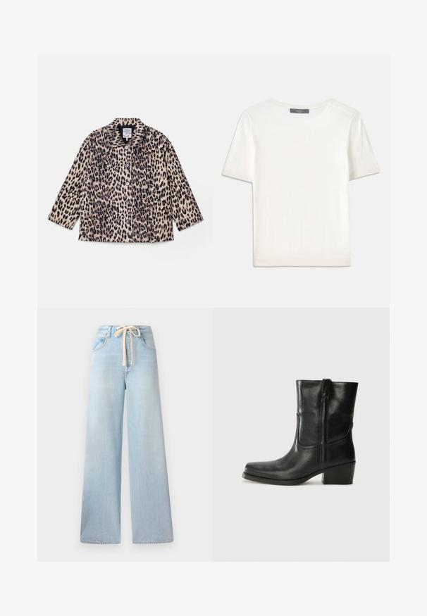 Puma rašto švarkas su apykakle, ilgomis rankovėmis ir priekiniais mygtukais. Pagamintas iš tekstūrinio audinio, derinančio šviesiai rudos ir juodos spalvas.; Baltas trumpas rankovėmis megztinis su apvaliu kaklu, pasižymintis lygia tekstūra ir subtiliais raštuotais akcentais rankovėse bei apykaulyje.; Šviesiai mėlynos plačios kojos džinsai, pagaminti iš džinsinio audinio, su raišteliu per juosmenį ir klasikinio penkių kišenių dizainu bei minimaliu blukimu.; Juodi odiniai aulinukai iki kulkšnies su apvali nosimi, blokuotais kulnais, šonine užtrauktuku ir siuvimo akcentais ant viršutinės dalies. Lygi tekstūra, klasikinis dizainas.