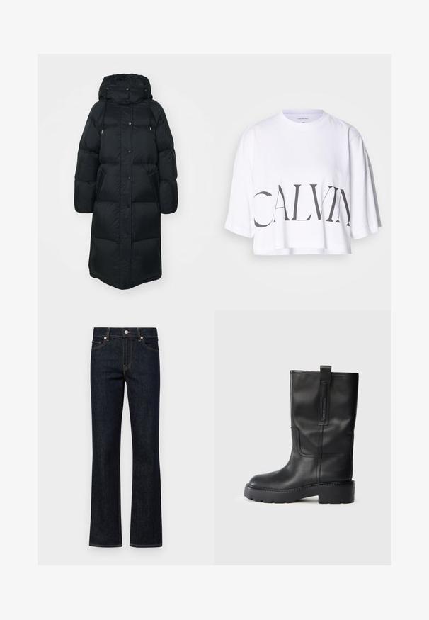 GANT FULL LENGTH COAT - Pūkinis paltas - black; Balta trumpa medvilninė marškinėlių viršūnė, su drąsiais juodais užrašais "CALVIN" priekyje. Trumpomis rankovėmis ir laisvu siluetu.; Tamsiai mėlynos plačios džinsinės kelnės, pagamintos iš denimo, su vidutinio aukščio liemeniu, penkių kišenių dizainu ir kontrastingomis oranžinėmis siūlėmis.; Juodos odinės kelio ilgio bootai su elegantišku dizainu, turintys storą padas ir šoninius traukimo antkaklius patogiam užsitempimui. Išskirtiniai siuvimo akcentai.