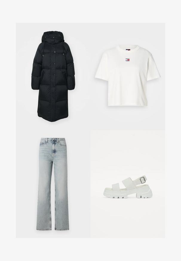 GANT FULL LENGTH COAT - Dūnu mētelis - black; Balts kokvilnas T-krekls ar apaļu kaklu un īsām piedurknēm. Uz krūšu daļas atrodas neliela krāsaina loģotipa plākstere ar sarkaniem, ziliem un baltiem akcentiem.; Augstas vidukļa, gaiši zila denima bikses ar plašu kāju siluetu, ar piecām kabatām un maigu izbalēšanu visā audumā.; Baltas sandales ar masīvu zoli, kurām ir divi platie siksnas un sprādzes detalizējums ap potīti. Gluda tekstūra, minimālistisks dizains.