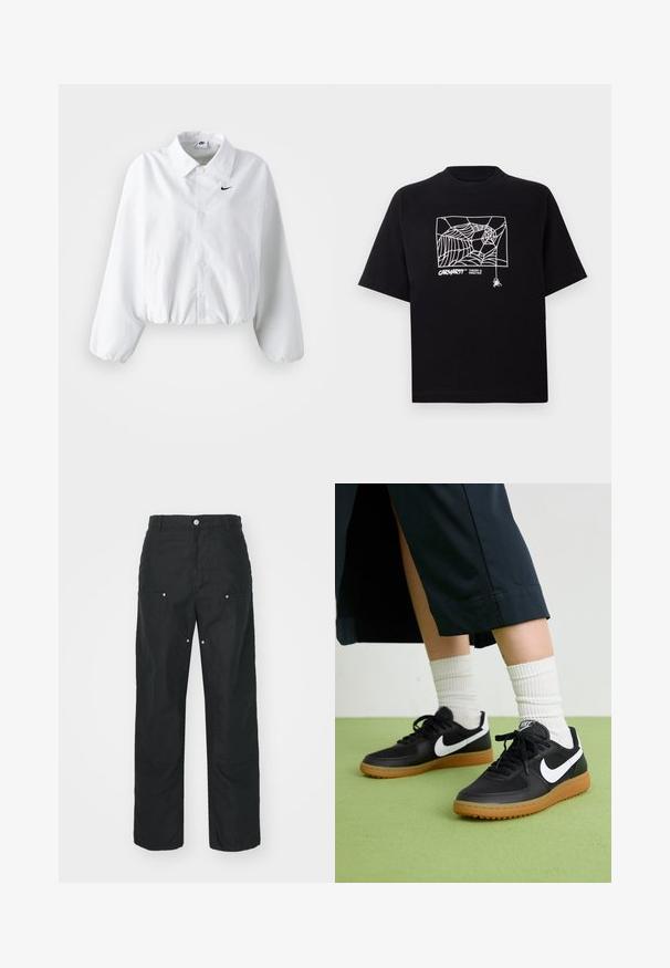 Valge lühendatud jakk, millel on krae, elastne vöökoht ja pikad puhvvarrukad. Vasakul rinnal on must Nike'i logo. Siledat kangast tekstuur.; Mustmust särgis, millel on lühikesed varrukad. Esipaneelil on valge ämblikuvõrgu graafika ja logo. Lihtne ümmargune kaelus.; Mustad püksid sirge säärega, valmistatud tekstuurses kangas. Dekoratiivsed hõbedased detailid ja ainulaadne õmblusteenus.; Mustad nahast ja sünteetilised sneekerid valge Nike logoga, kummist gumme, ümar nina ja mustad paelad. Näha ribakujulisi valgeid sokke.