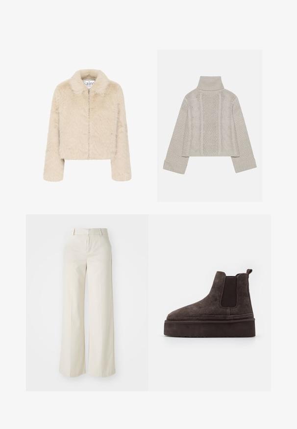 Saint Tropez ZASELINE - Téli dzseki - creme; Rövidített, világosszürke kötött pulóver magas gallérral és bordázott mandzsettákkal, hátul és az oldalakon texturált sodrott mintákkal.; Világos bézs színű, széles lábú nadrág, sima anyagból készült. Klasszikus derékrésszel és lapos elülső résszel, letisztult vonalakkal rendelkezik.; Barna nubuk Chelsea csizma elasztikus oldalsó panelekkel és vastag, textúrázott talppal. A saroknál található húzófül megkönnyíti a felhúzást.