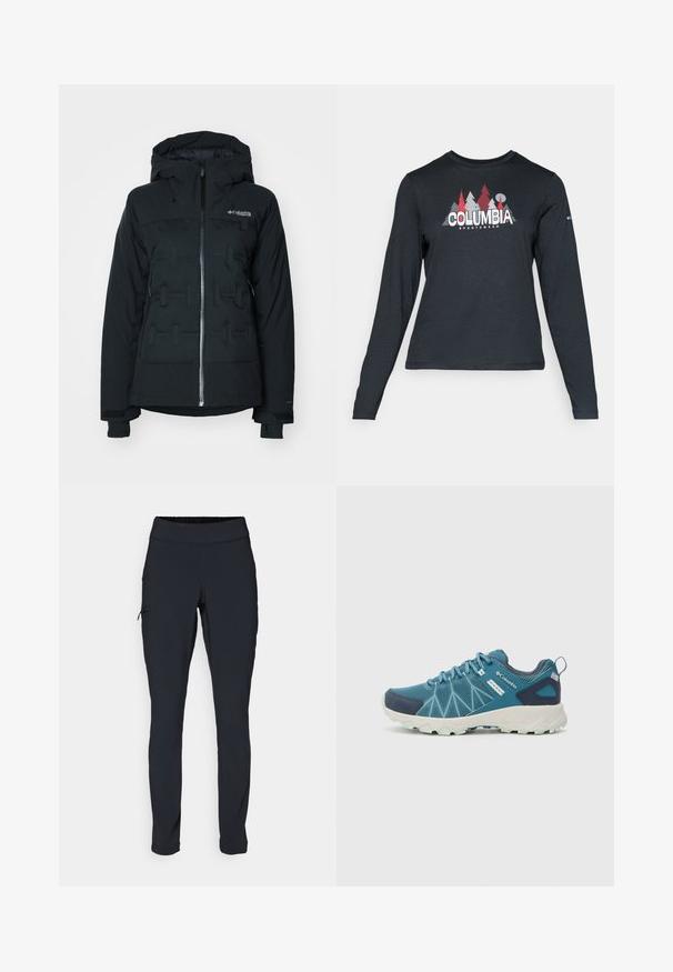 Črna izolirana jakna z zadrgo spredaj, s kapuco in strukturiranim sprednjim delom. Ima nastavljive manšete in Columbia logo na prsih.; Majica z dolgimi rokavi temno siva z grafiko rdečih dreves in gora; logotip "COLUMBIA" v krepki beli barvi. Mehka tkanina, standarden krojen ovratnik.; Črne športne hlače s slim fit krojem, elastičnim pasom in stransko žepom z zadrgo. Gladek, raztegljiv material z minimalnimi šivi.; Columbia PEAKFREAK™ II OUTDRY™ - Pohodniški čevlji - blue heron/skylight