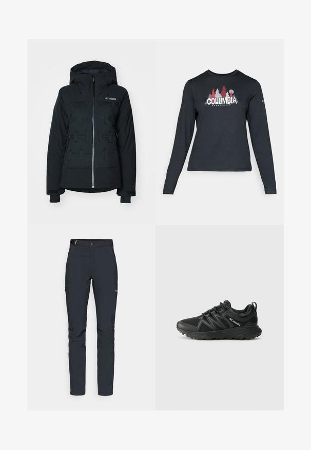 Black insulated jacket with a zip front, a hood, and a textured front panel. Features adjustable cuffs and the Columbia logo on the chest.; Long-sleeve dark gray shirt with a graphic of red trees and mountains; "COLUMBIA" logo in bold white text. Soft fabric, standard crew neck.; Men's outdoor pants, dark gray, made from flexible material, featuring a belt, zippered pockets, and reinforced stitching.; Columbia PEAKFREAK - Hiking shoes - black
