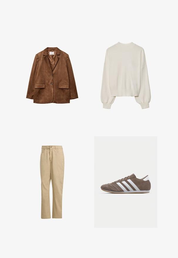 Brauner Wildlederblazer mit Reverskragen, zwei Fronttaschen und doppelter Knopfleiste. Glatte Textur und taillierte Passform.; Weißer Strickpullover mit hohem Kragen, geripptem Muster und Ballonärmeln. Kürzere Länge mit eng anliegenden Bündchen. Einfaches, einfarbiges Design.; Khakifarbene Baumwollhosen mit geradem Schnitt, ausgestattet mit einem vorderen Knopfverschluss, zwei Seitentaschen und minimaler Markenkennzeichnung auf der Vorderseite.; Braune Wildleder-Sportschuhe mit weißen Streifen, runder Zehenform, Schnürdesign und Gummisohle. Strukturiertes Obermaterial mit Nahtdetails.