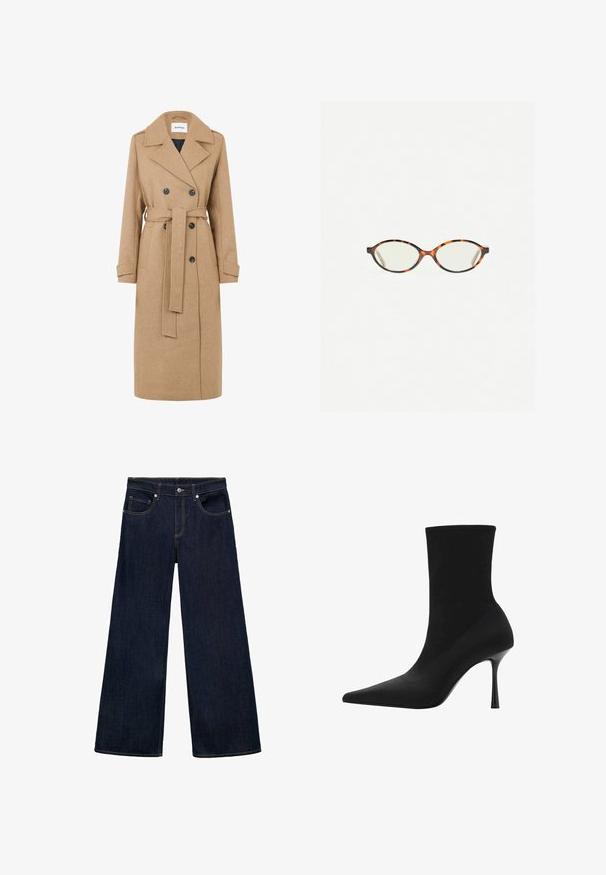 Kameelkleurige wollen jas met een dubbelzijdig ontwerp, grote revers en een strikceintuur. Beschikt over twee voorzakken en donkere knopen.; Lichtgrijze, langmouwen trui gemaakt van zacht, pluizig materiaal met een ronde halslijn en een relaxte pasvorm. Geen zichtbare patronen of hardware.; Donkerblauwe denim wijde jeans met een hoge taille, voorzien van vijf zakken, metalen knoopsluiting en zichtbare stikselaccenten.; Zwarte enkellaars met een puntige neus, bovenwerk van rekbaar materiaal en een elegante hoge sleehak. Glad textuur met een minimalistisch ontwerp.; Kattenoogbril met ovale lenzen en een strakke, gladde afwerking. Heeft dunne zijkanten met een subtiele kromming bij de slapen. Transparante lenzen.; Beige gebreide driehoekige sjaal met puntige uiteinden, met merklabel en certificeringsetiket bij de bovenrand.