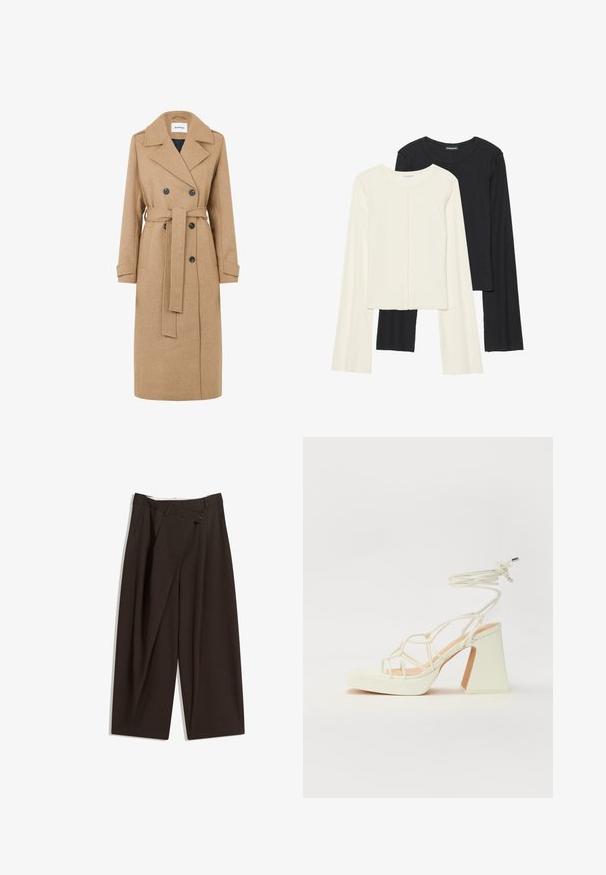 Kamelfärgad ullkappa med dubbelknäppt design, stora slag och knytbälte. Har två framfickor och mörka knappar.; Set med två långärmade toppar i vitt och svart. Ribbade texturer, rund hals, figurnära design med något utställda ärmar.; Mörkbruna vida byxor med hög midja, med en enkel knappstängning och plisserad front. Tillverkade av lätt tyg.; Vit högklackad sandal med en kraftig klack, med ett remdesign och ankelband. Slät textur med en plattform framtill för ökad höjd.