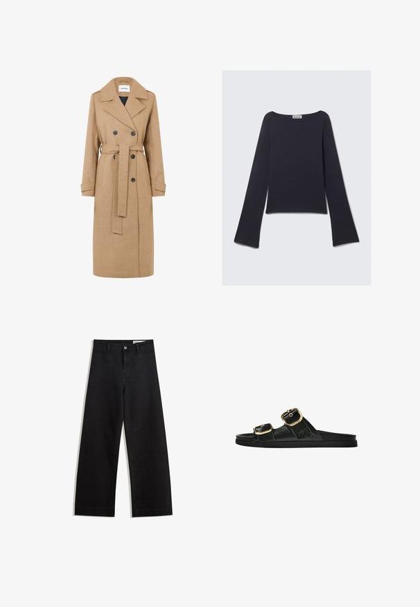 Kameelkleurige wollen jas met een dubbelzijdig ontwerp, grote revers en een strikceintuur. Beschikt over twee voorzakken en donkere knopen.; Donkerblauw top met lange mouwen, een brede halslijn en uitlopende mouwen. Gemaakt van een gladde stof, met een aansluitend model en een minimalistisch ontwerp.; Zwarte denim broek met wijde pijpen en een hoge taille, voorzien van voor- en achterzakken, gestikte naden en een knoopsluiting. Gladde textuur.; Zwarte slipper met twee gouden gesps, gladde textuur, platte zool en een minimalistisch ontwerp.