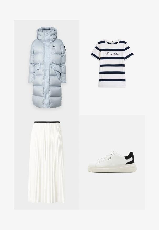 Gaiši zils pūkains mētelis ar augstu apkakli, pogu slēdzēju, divām lielām kabatām un quiltēta tekstūra. Pieguļoša struktūra siltumam.; Kokvilnas T-krekls ar horizontālām tumši zilām svītrām uz balta fona. "Tommy Hilfiger" izšūts skriptā uz krūšu daļas. Cauruma apkakle.; Gari plānas baltas svārku ar melnu elastīgu jostu, uz kuras redzams "LACOSTE" logo. Vidēja garuma dizains ar mīkstu tekstūru.; Baltas ādas sporta apavi ar biezu balto zoli, melna zamša uzpura un izspiestais logotips sānos. Šņorējuma dizains ar sešiem acu caurumiem.