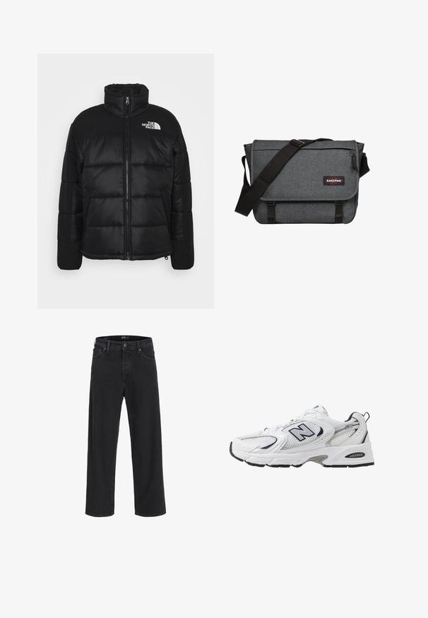 Sort pufferjakke med høj krave, fuld lynlås, quiltet design og brandlogo på øverste venstre side.; Lyseblå sweater med en struktureret strik med et sky-design i hvid. Rund halsudskæring og ribbedemanchetter samt kant.; Sorte denim jeans med lige ben, knap- og lynlåslukning, bæltestropper samt for- og baglommer.; Hvide sportsko med netoverdel, marineblå detaljer og polstret sål. Har "N" logo, snørebånd og struktureret detalje på siden.; Grå budtaske med en tekstureret stof, sort rem og spænde-lukning. Den har et logo-patch og en frontlomme med lynlås.