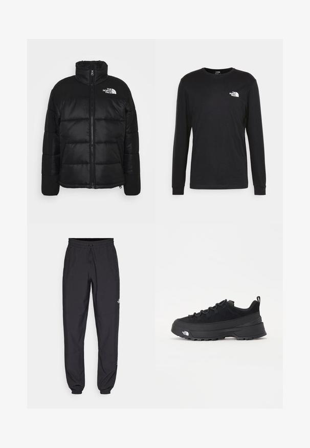 Giacca a vento nera con colletto alto, chiusura con zip a tutta lunghezza, design trapuntato e logo del brand sul lato sinistro superiore.; T-shirt a maniche lunghe nera in cotone, con un logo bianco sul lato sinistro del petto e polsini a costine. Texture liscia con scollatura a girocollo.; Pantaloni sportivi neri realizzati in tessuto leggero, con vita regolabile con cordino, tasche laterali e orli affusolati alle caviglie.; Sneaker da esterno nera con parte superiore in suede, suola in gomma testurizzata e robusto sistema di allacciatura. Presenta un tallone rinforzato e il logo del marchio sul lato.