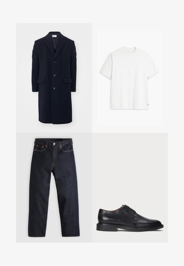 Filippa K RELAXED COAT - Klasický kabát - navy; Bílé bavlněné tričko s krátkými rukávy, kulatým výstřihem a jemným logem "Levi's" tištěným světle barvou na přední straně.; Tmavomodré džíny z denimu se straight střihem, pěti kapsami, kontrastním oranžovým šitím a knoflíkovým zapínáním. Žádné viditelné vzory ani ozdoby.; Černé kožené společenské boty s kulatou špičkou, šněrováním a nízkým podpatkem. Hladký povrch s minimálním šitím.