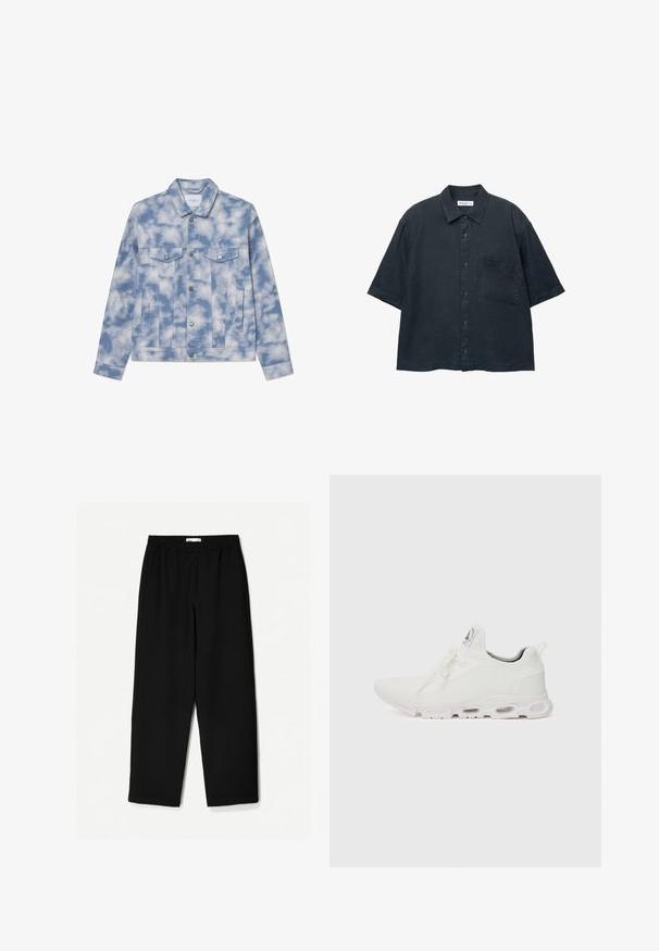 Denim jakna v svetlo modri barvi s oblaki, ki ima koničast ovratnik, dve žepni tasci in srebrne okrasne elemente za zapiranje.; Temno-modra kratka srajca s kratkimi rokavi, izdelana iz lahkega materiala, z žepom na prsih in klasičnim ovratnikom.; Črne široke hlače iz lahkotnega materiala. Imajo elastičen pas in gladko teksturo. Brez vidnih vzorcev ali dodatkov.; Bela atletska obuća z značilnom pletenom gornjom stranom, ravnim vezicama i podlogom s jastučićem koja ima vidljive zračne komore za dodatnu potporu.