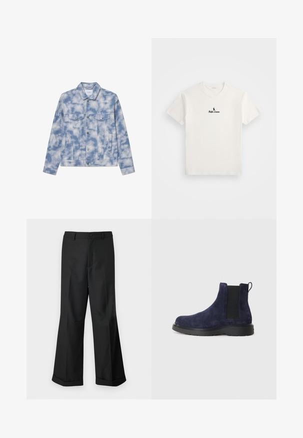 Šviesiai mėlynas džinsinis švarkas su debesų raštais, turintis aštrų apykaklę, dvi krūtines kišenes ir sidabrinius užtrauktukus bei akcentus.; Balta medvilninė marškinėliai su juodu siuvinėtų logotipu, kuriame pavaizduotas polo žaidėjas, ir tekstu "Ralph Lauren" ant krūtinės. Trumpomis rankovėmis, apvaliu kaklu.; Juodos plačios kelnės su mygtukų juosmeniu ir raukšlėmis, eksponuojamos prieš paprastą baltą foną.; Jūrinio mėlynumo zomšiniai Čelsio batai su elastingais šonais ir užtrauktuku. Juodas gumos padas su tekstūruotu paviršiumi, užtikrinančiu sukibimą ir ilgaamžiškumą.