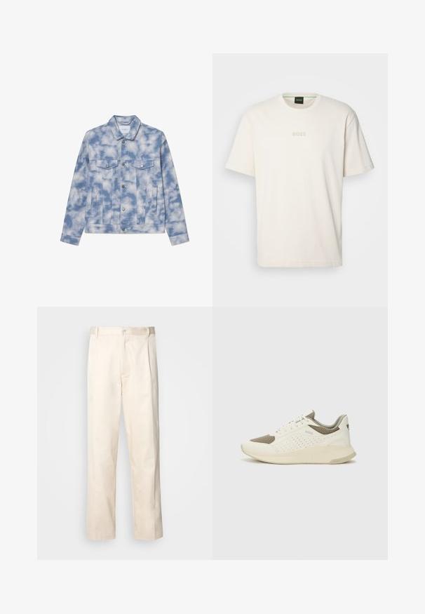 Hele sinine teksajakk pilvemustritega, millel on terav krae, kaks rinna taskut ja hõbedased aksessuaarid ning kinnitused.; BOSS TEE - Lihtne T-särk - open white; Beesidised puuvillased püksid sirge jala lõikega, mis on varustatud nööpkinnituse ja ees olevate voltidega, et lisada detaili.; Valge ja heledat beeži värvi spordijalats, millel on õhuke võrkmaterjal, perforatsioonidega detailid ning tekstuuriga vahetald, millel on brändi logo kannaosas.