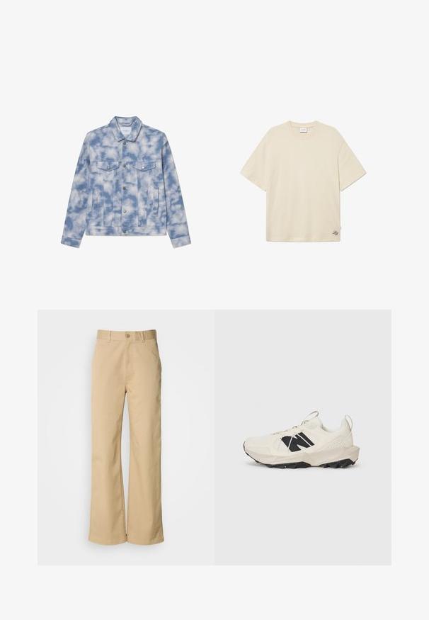 Denim jakna u svijetloplavoj boji s uzorkom oblaka, s oštrim kragnom, dva džepa na prsima i detaljima od srebrne boje za zatvaranje i ukrase.; Krem majica od pamuka, s okruglim izrezom, kratkim rukavima i suptilnim detaljem loga vezanim u donjem desnom kutu.; Bež šire hlače izrađene od pamuka i mješavine vlakana. Imaju kopčanje na gumb i petlje za remen. Glatka tekstura, s minimalnim detaljima šivanja.; Svijetlosmeđi tenisice s gornjim dijelom od mrežastog materijala, crnim logom i teksturiranom potplatom. Naglašene geometrijskim uzorkom na srednjem potplatu.